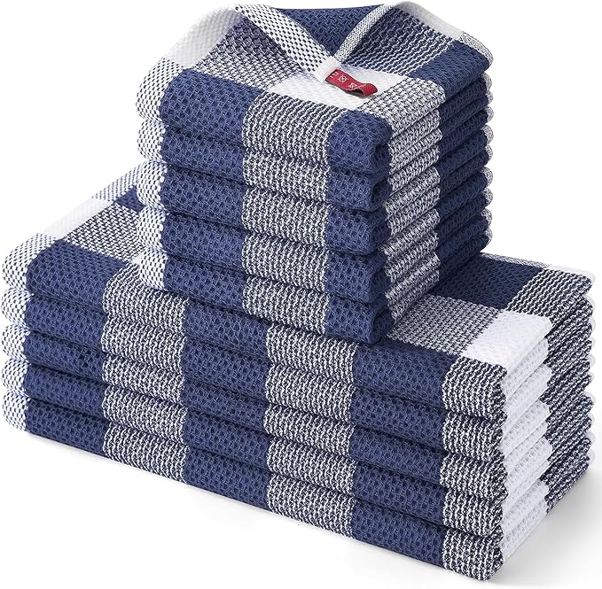 Homaxy Kitchen Towels and Dishcloths Set, 12 x 12 and 13 x 28 Inches, Set of 10 100% Cotton Waffle Weave Check Plaid Kitchen Dish Towels, Super Soft and Absorbent Dish Cloths, White & Navy Blue