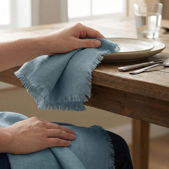 ACCENTHOME Blue Cotton Linen Napkin Set of 6 18x18 inch Dinner Napkins - Washable Soft Premium Hotel Quality Reusable Napkins Perfect Table Napkins for Family Dinners, Weddings & Everyday Use