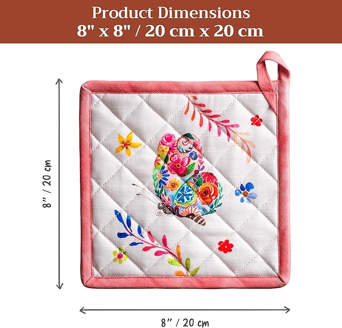 Maison d' Hermine Pot Holders 100% Cotton Heat Resistant Potholders 8" x 8" Hot Pads with Loop Baking Gifts for Mothers Day Handling Hot Pans Spring/Summer(Pack of 2, Happy Florals - High Summer)