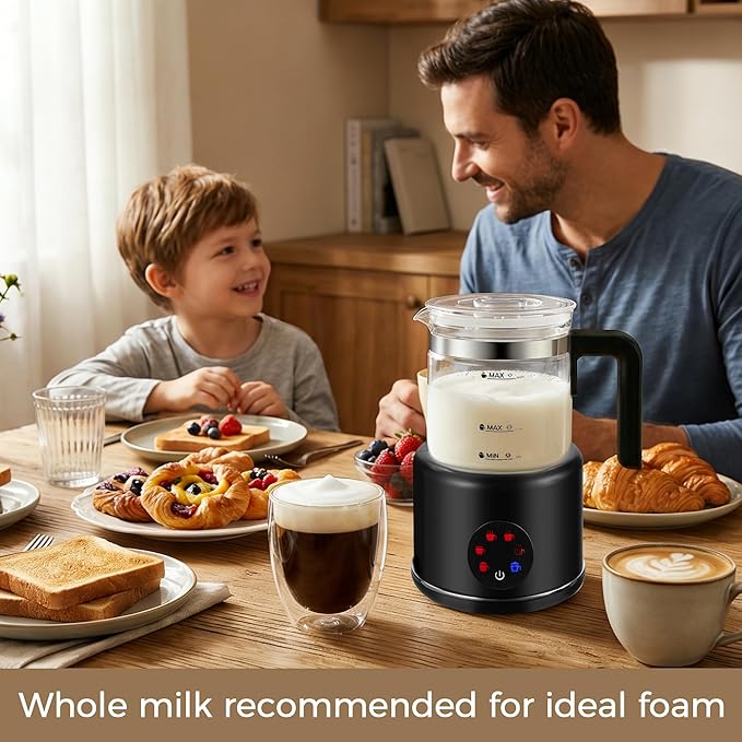 Milk Frother and Steamer, 6 in 1 Milk Steamer and Milk Warmer, 17oz Auto Shut Off Electric Frother with Touch Screen, Hot/Cold Foam Maker for Coffee, Latte, Cappuccino, Hot Chocolate, Black
