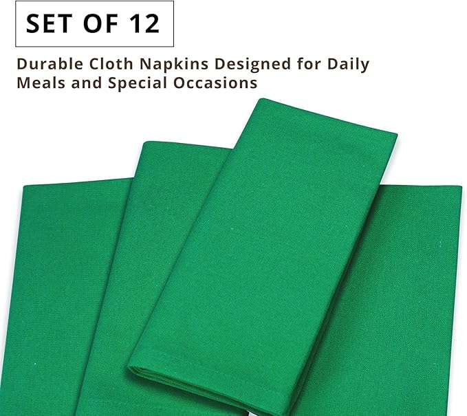 PurpleEssences Set of 12 Cloth Dinner Napkins 100% Cotton 18x18 Inch - Soft Durable Washable - Ideal for Farmhouse Party St Patricks Day - Perfect Everyday Use Table Linen - St Patricks Green