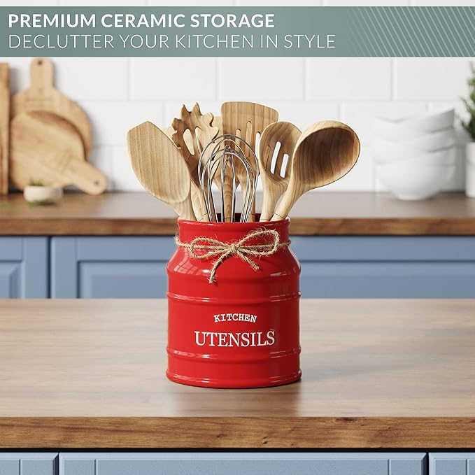 Barnyard Designs Ceramic Farmhouse Utensil Holder for Kitchen Counter, Large Rustic Utensil Crock, Countertop Cooking Tool Spatula Organizer, 6.75” (Red)