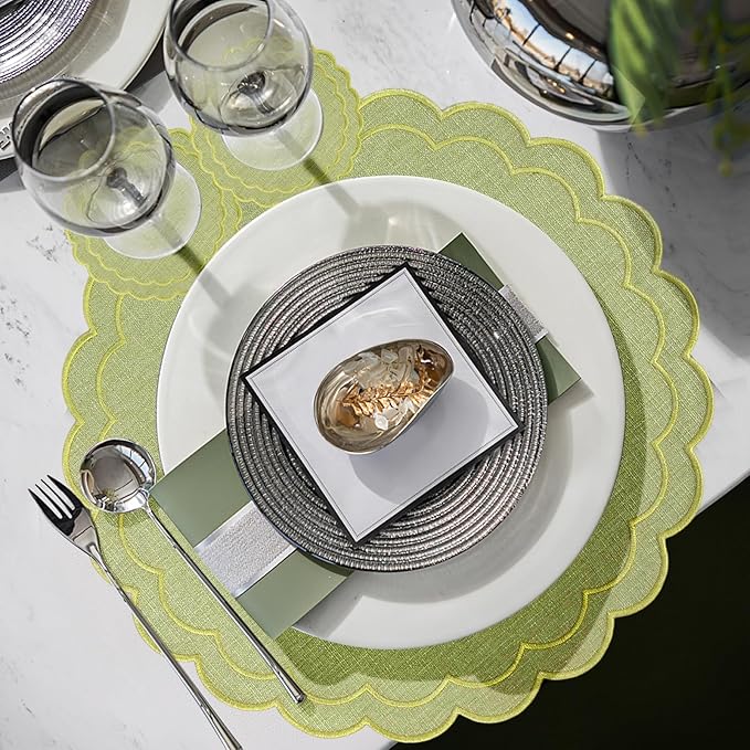Set of 8 Cotton Linen Placemats Coaster, 15" Scalloped Embroidery Heat Resistant Placemats, 4.7" Kitchen Coaster, Double Layered Machine Washable Table Mat Set Rustic Dinner Table Decoration (Green)
