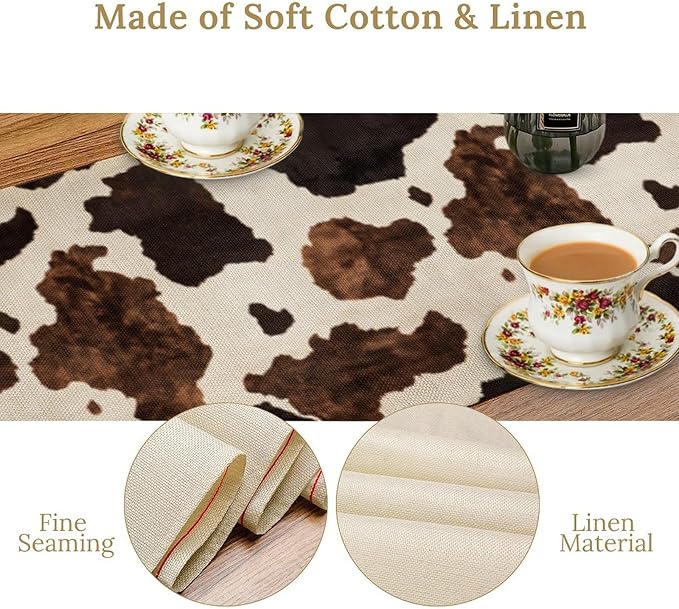 Cow Print Table Runner Country Farmhouse Cottage Cowhide Print Art Printed Runner for Home Kitchen Dining Table Living Room Decor Fabric 1 Panel W13xL60in