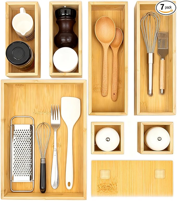 Bamboo Drawer Organizer Boxes - Set of 7 Wooden Drawer Organizers for Kitchen, Bathroom, Office, Desk, Vanity, Makeup - Non-Slip Junk Drawer Organizer Trays for Storage and Organization