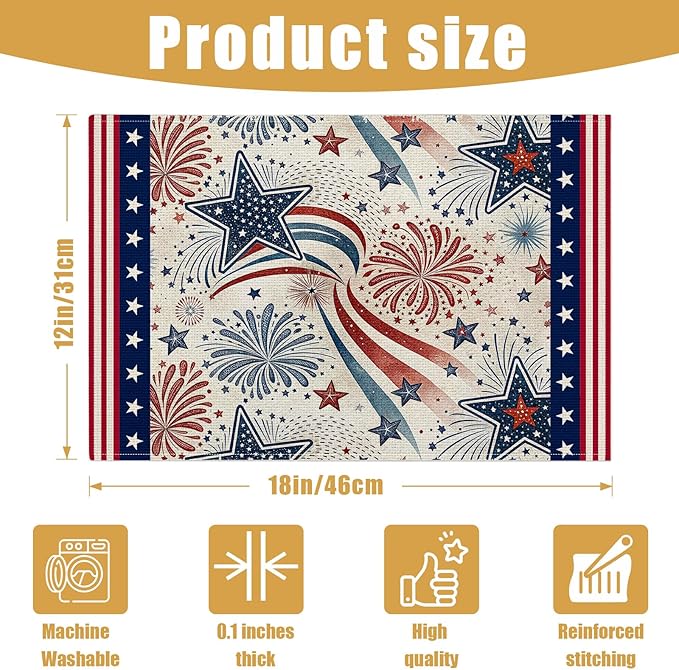 4th of July Placemats Set of 6, American Star Linen Place Mat Washable Stain Resistant Table Mats for Farmhouse Kitchen Dining Holiday Party Wedding Decor 12x18 Inch