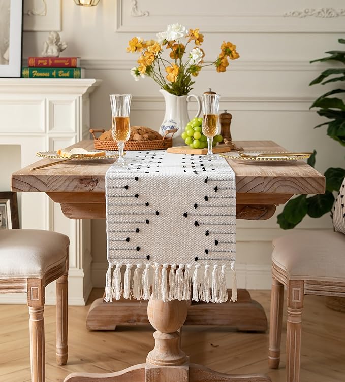 Boho Table Runner 13 x 108 Inch Long Natural Cotton Woven Runner with Tassels for Home Dining Table décor, for Modern Farmhouse Decor Coffee Table Runner, Black and Beige