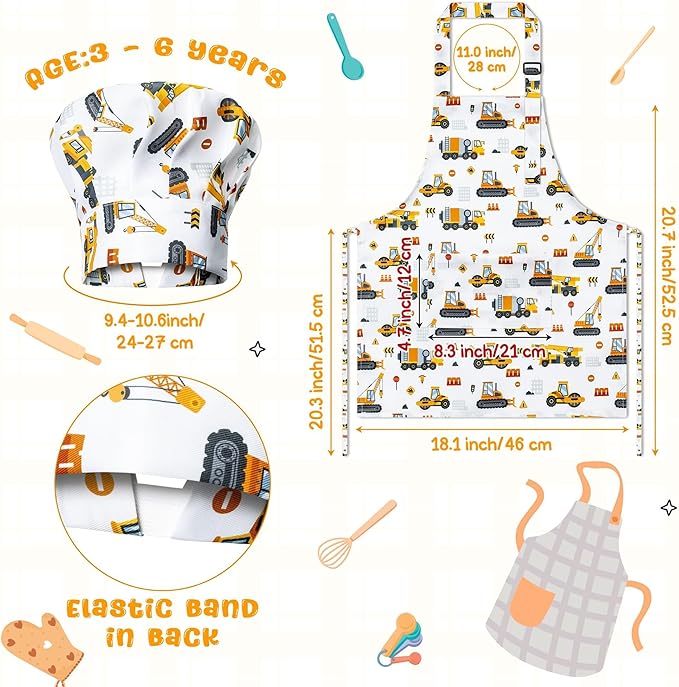GROBRO7 4Pcs Kids Apron and Chef Hat Set Gift for Girls Boys, Dinosaurs Construction Vehicles Adjustable Kitchen Cooking Child Aprons with 2 Pockets Waterproof Smocks for Baking Painting Crafting