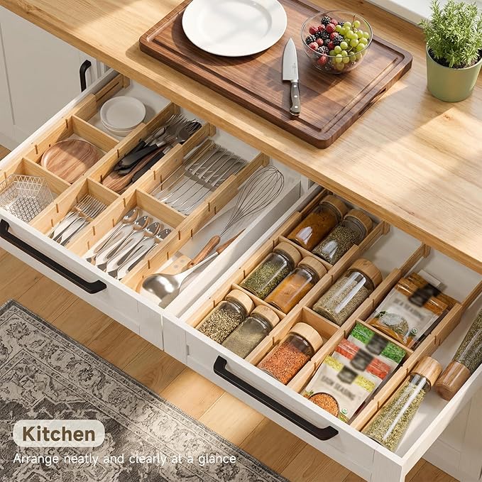 Bamboo Drawer Dividers, Expandable Kitchen Drawer Organizer, Include 8 Dividers, 8 Small Inserts and 8 Medium Inserts for Home, Office, Dressers (Short-8 Dividers)