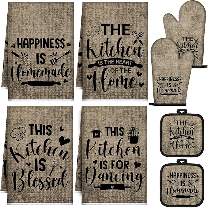 Leinuosen 8 Pcs Kitchen Towels and Oven Mitts Sets Pot Holders Dishcloths Set Kitchen Decorative Accessories Absorbent Potholders Heat Resistant for Chef Baking Cooking