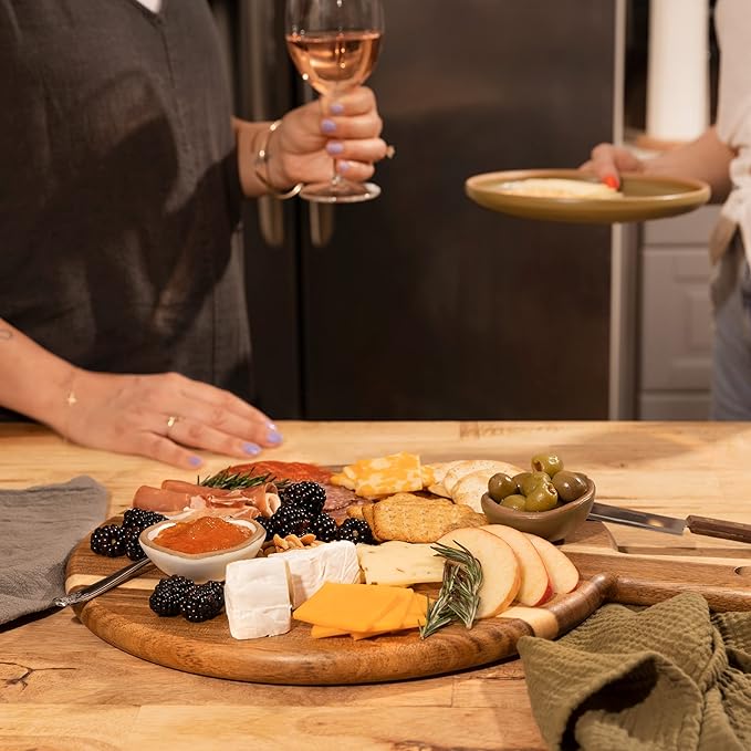 Acacia Wood Cutting Board and Chopping Board with Handle for Meat, Cheese Board, Vegetables, Bread, and Charcuterie - Decorative Wooden Serving Board for Kitchen and Dining Room, Large 13" x 13"