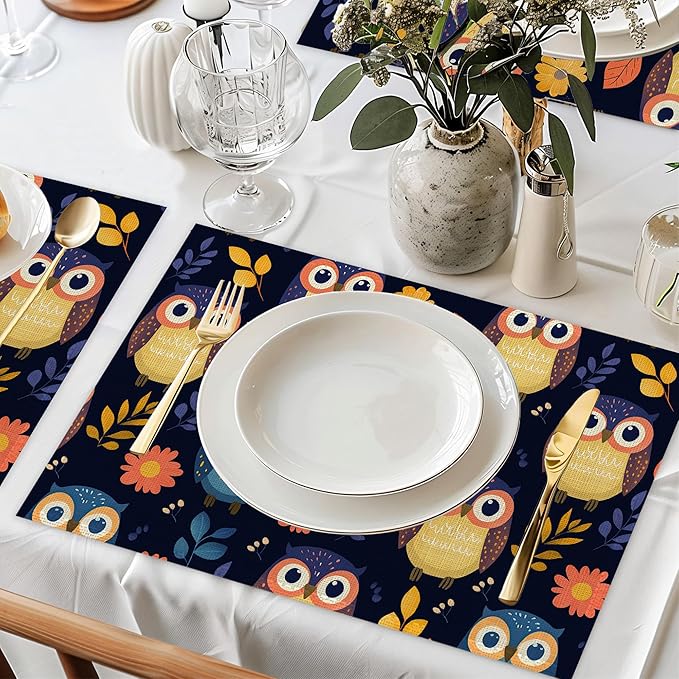 Cute Owl Table Mats Set of 6,Non-Slip Washable Placemats for Restaurant Home Kitchen Dinner Table 12x18Inch