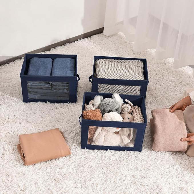 Homsorout Foldable Storage Boxes with Clear Window - Clothes Organizers and Storage, Decorative Bins with Lid, Fabric Storage Cube, Storage Baskets for shelves, Yarn, Home, Navy blue, 3 Pack