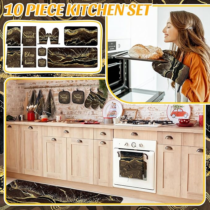 Fourluoo 10 Pcs Kitchen Dish Towels Rugs Oven Mitts and Pot Holders Kit Farmhouse Kitchen Decor Set Gloves Vintage Potholders for Baking Cooking Chef(Brown,Modern)