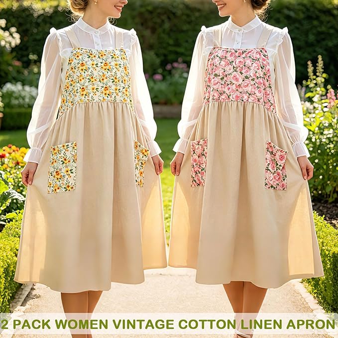 Uaussi Cotton Linen Apron Cross Back Work Apron for Women with Pockets Pinafore Dress X Cross Halter Apron for Chef Gardening