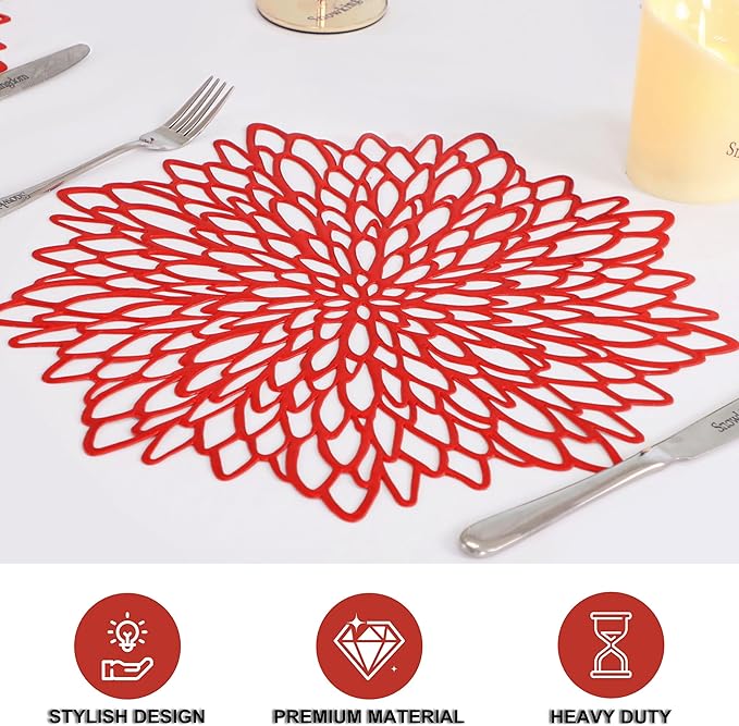 Snowkingdom Red Placemats Pressed Vinyl Metallic Shiny Floral Dinning Mats Round Leaf Table Decoration for Halloween Mother's Day Valentine Weddings Mother's Day Christmas Holiday Celebrations 18 Pack