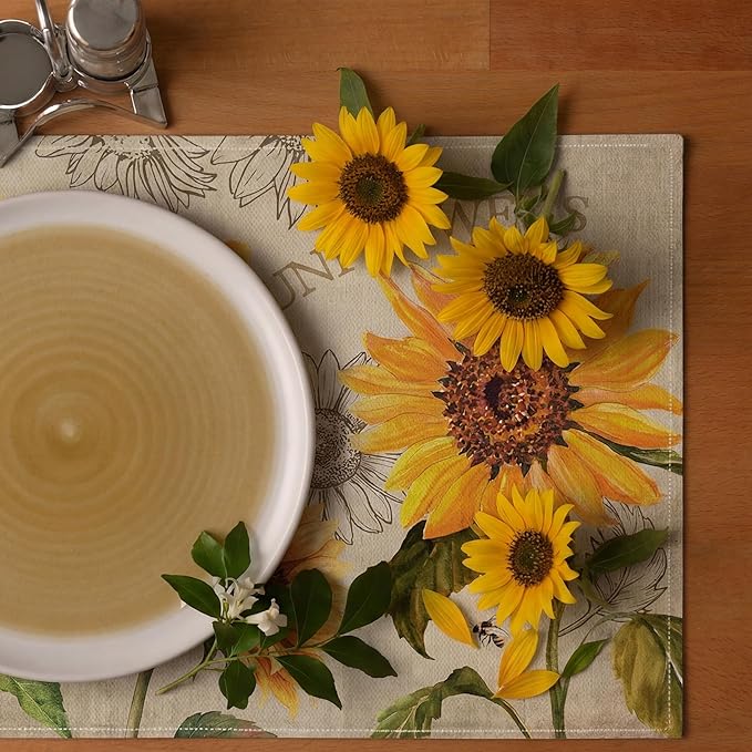 Sunflower Linen Placemats Set of 4, 12x18 Inch Farmhouse Spring Summer Sunshine Table Mats, Washable Table Decor for Kitchen Dining Indoor Outdoor Party Holiday