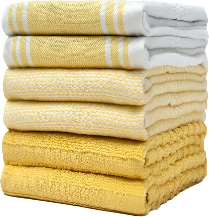 Premium Kitchen Towels (20”x 28”, 6 Pack) | Large Cotton Dish Towels | Flat & Terry Highly Absorbent Kitchen Linen Set with Hanging Loop | Wide Stripe Yellow