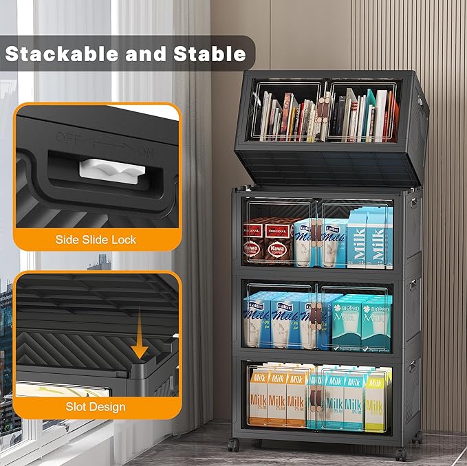 UAMFURI Stackable Storage Bins with Lids & Wheels & Door, Foldable Collapsible Closet Organizers, Extra Large Plastic Storage Drawers for Bedroom Dorm Office Garage (Dark-55qt, 8Pack with 2 top lids)