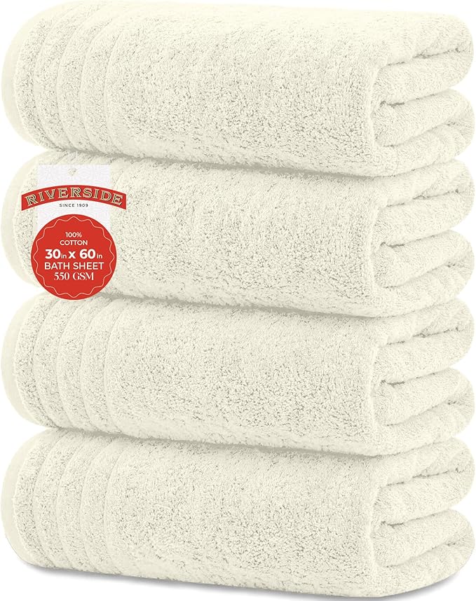 RIVERSIDE Pack of 4 Premium Extra Large Bath Towels 30 x 60 Inches, 100% Cotton, Super Soft & Highly Absorbent, Larger & Lighter Weight, Quicker to Dry, Perfect for Bathroom, Ivory