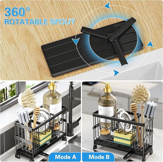 Sponge Holder for Kitchen Sink, 2-Tier Sink Caddy Organizer with High Brush Holder, Dish Soap and Scrubber Holder- Kitchen Counter Decro -RV Essentials -House Warming Gift