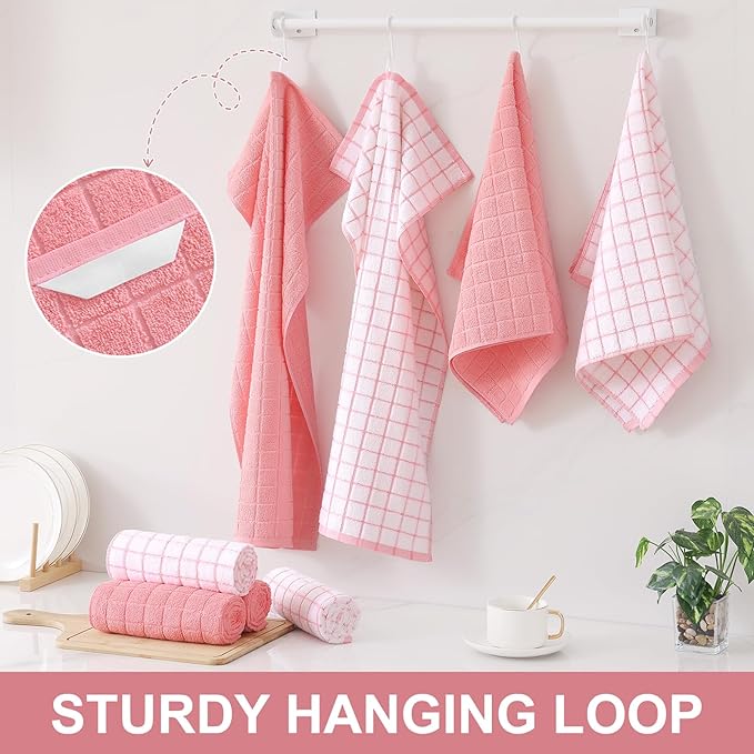 Homaxy Premium Cotton Kitchen Towels 16"x 28", Large Natural Ring Spun 390 GSM Dish Towels, Super Absorbent Terry Kitchen Hand Towels, Soft Tea Towels with Hanging Loop, Pink Check Design, 6 Pack