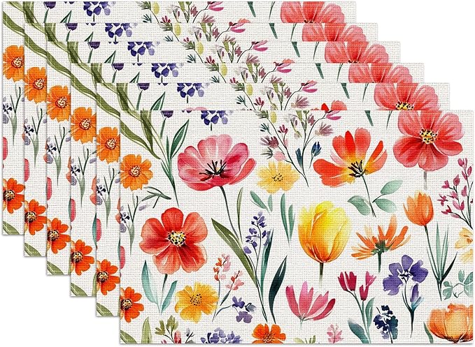 Red Flower Placemats Set of 6, Spring Summer Floral Linen Place Mat Washable Stain Resistant Table Mats for Farmhouse Kitchen Dining Party Wedding Decor 12x18 Inch