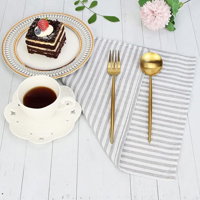 Plain Striped Cotton Linen Blended Dinner Cloth Napkins - Set of 12 (40 x 30 cm) - for Events & Home Use (Grey)