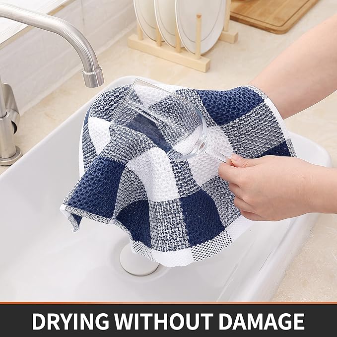 Homaxy 100% Cotton Waffle Weave Check Plaid Dish Cloths, 12 x 12 Inches, Super Soft and Absorbent Dish Towels Quick Drying Dish Rags, 6-Pack, White & Navy Blue