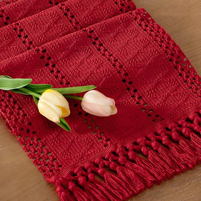 Socomi Boho Table Runner Easter Spring Farmhouse Rustic Dining Kitchen Centerpiece Decor Small Macrame Woven Cotton Linen Coffee Table Runner for Dresser Scarf Home Decor 12x60 in Red