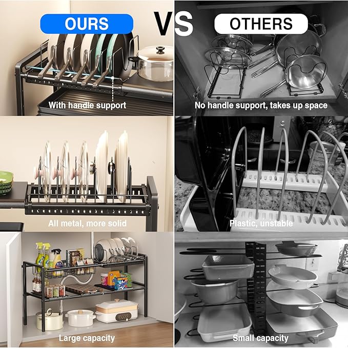Mustorn Pots and Pans Organizer Under Cabinet, Expandable 2 Tier Under Sink Organizers Storage Adjustable Height Kitchen Pot and Pan Lid Holder Rack with 6 Dividers(4panels,2baskets,1 Pot rack,Black)