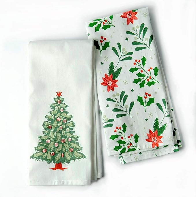 The Fine Living Co. 100% Cotton Kitchen Towels Set of 2, 18 x 28 inches, Christmas Tree Printed Dish Towels, Hand Towels, Boho Tea Towels - Multifunctional, Stylish, Absorbent, Quick Dry, Soft