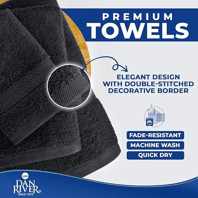 DAN RIVER 8 PC Luxury Bath Towels for Bathroom, 2 Bath, 2 Hand, and 4 Wash Cloths, 600 GSM 100% Ring Spun Cotton Towel Set, Highly Absorbent, Gym, Hotel, and Spa, Dark Gray
