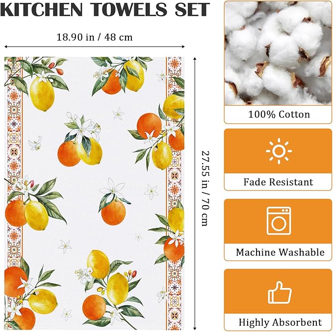 Summer Lemon Tea Towels, Cotton Kitchen Towel 18.9 × 27.5 inch, Quick Drying Dish Cloth for Party Anniversary Holiday Decoration, Housewarming Gifts for Mom