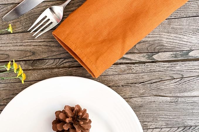 100% Pure Linen Dinner Cloth Fall Napkins 15 x 15 Inch Caramel - Set of 6 Pack European Flax Natural Fabric Washable for Thanksgiving Home and Kitchen