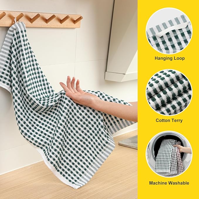 SALAS Cotton Dish Towels Cloths for Kitchen Drying Dishes, Lattice Terry Towels, Highly Absorbent Kitchen Cloths with Hanging Loop, 16‘’ x 26‘’, 8 Packs, Green