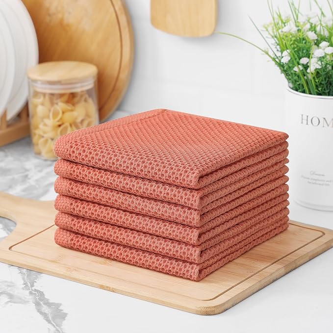 Kitinjoy 100% Cotton Kitchen Dish Cloths (12 X 12 Inches, Coral), 6 Pack Waffle Weave Ultra Soft Absorbent Dish Towels for Drying Dishes Quick Drying Kitchen Towels Dish Rags