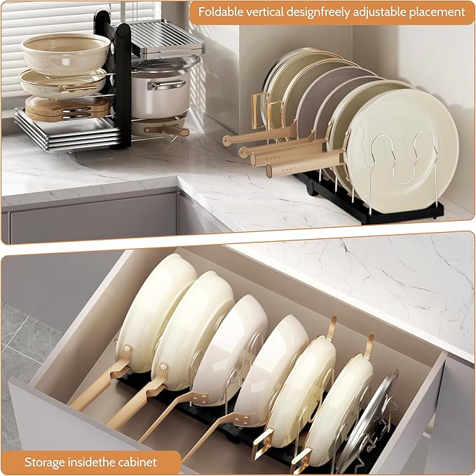 CEHNCEH Foldable Pots and Pans Organizer Under Cabinet 28.5" L x 9.1" W x 9.9" H Expanded, Folds Flat Adjustable 8-Tier Stainless Steel Dividers Kitchen Cabinet Cookware Baking Frying Rack (Black)