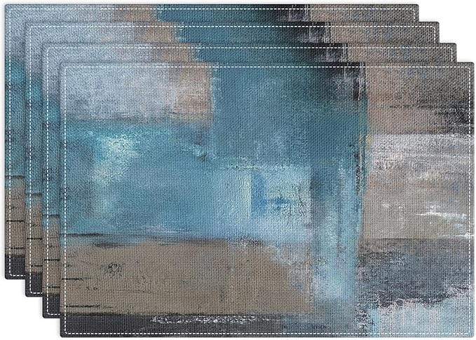 Emvency Farmhouse Placemats Set of 4, Vintage Blue and Grey Art Painting 12x18 Inch Abstract Gray Table Mats for Outdoor Home Party Kitchen Dining Decoration