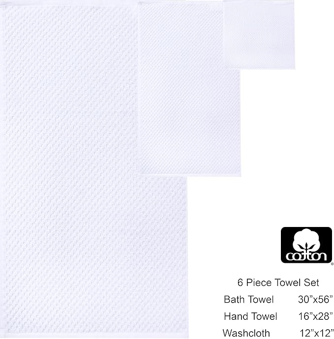 COTTON CRAFT Waffle 6 Piece Towel Set - 100% Cotton - 2 Oversized Luxury Euro Spa Waffle Weave Large Bath Towels, 2 Hand Towels, 2 Washcloths - Absorbent Quick Dry Hotel Bathroom Shower Pool - White