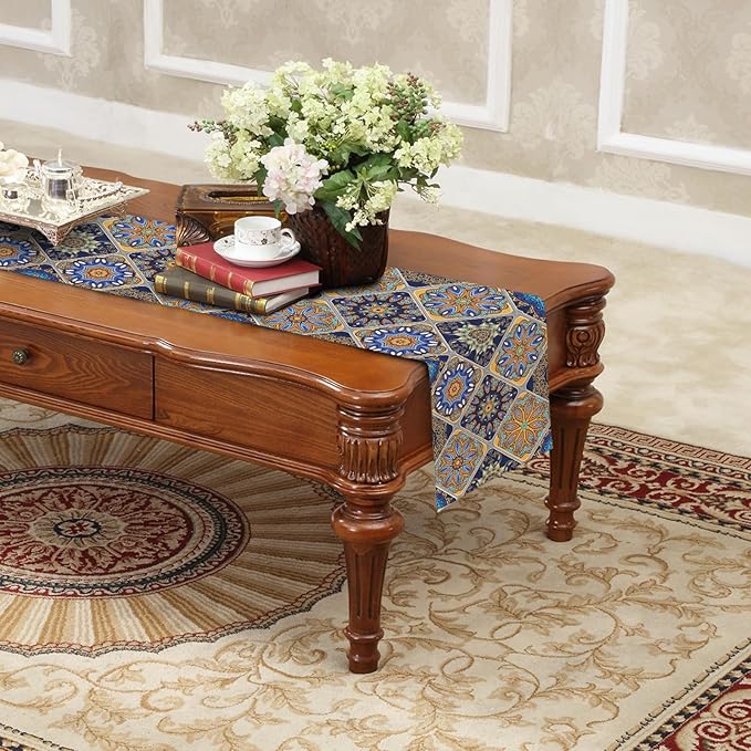 Boho Bohemian Table Runner 90 Inches Long, Vintage Seasonal Blue Table Runners for Party Kitchen Dining Coffee Table Bedroom Dressers Indoor Outdoor, Machine Washable (Bohemian C, 13” x 90”)