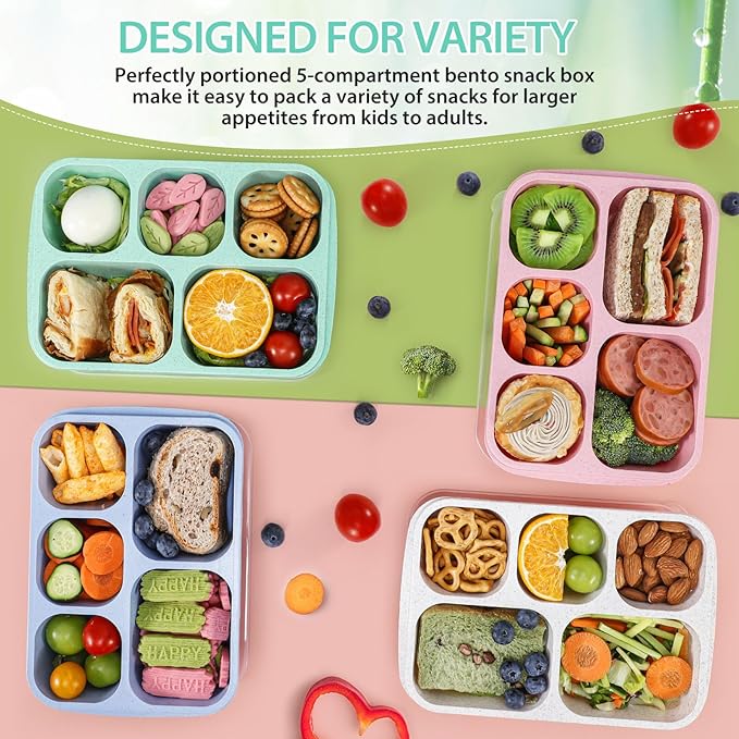 Caperci Wheat Straw Bento Snack Box Containers for Adults & Kids - Reusable Adult Lunchable Food Storage Containers with 5-Compartment for Snacks & Meals, BPA-Free, 4-Pack (Multicolor & Clear Lids)