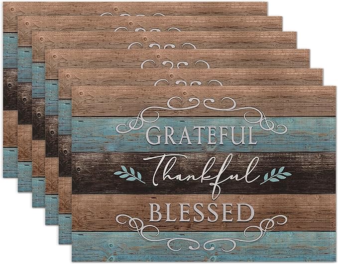 Thankful Grateful Blessed Placemats Set of 6 Place Mats for Kitchen Table Washable Farmhouse Linen Table Mats Dining Decoration 12x18 Inch