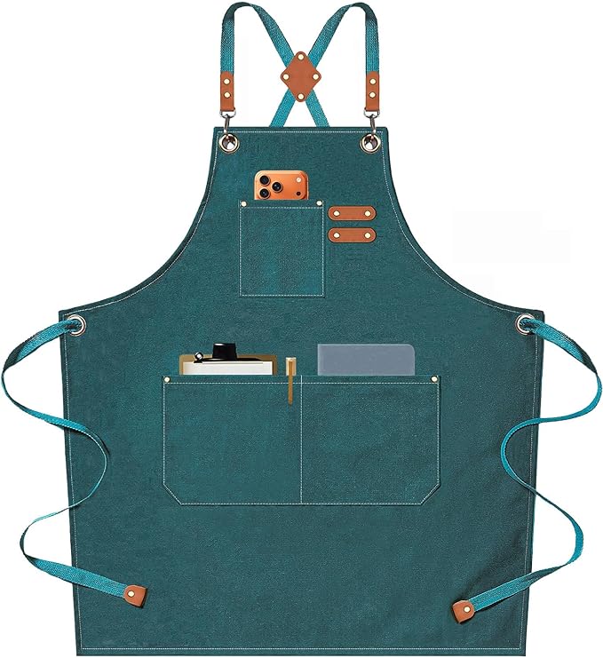 AFUN Chef Aprons for Men Women with Oversized Pockets, 16-Ounce Cotton Canvas Cross Back Heavy Duty Work Apron (Dark Green)