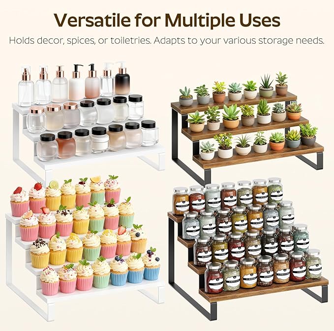 YATINEY Spice Rack, 4 Tier Wooden Display Riser Stand, Kitchen Storage Organizer for Spices, Versatile Display Shelf, Space Saving, for Kitchen Countertop and Cabinet, Rustic Brown SR04L2BR