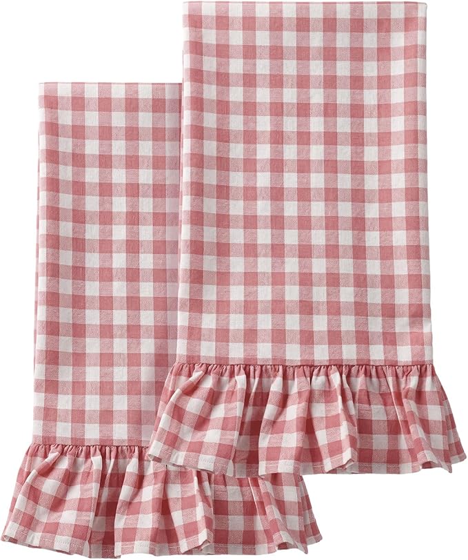 HunnmingRe Pink Kitchen Towels Set of 2, 100% Cotton Ruffled Gingham Dish Towels 18"x28" Absorbent Tea Cloths Classic Plaid Pattern for Farmhouse Charm, Drying Dishes, Entertaining Guests