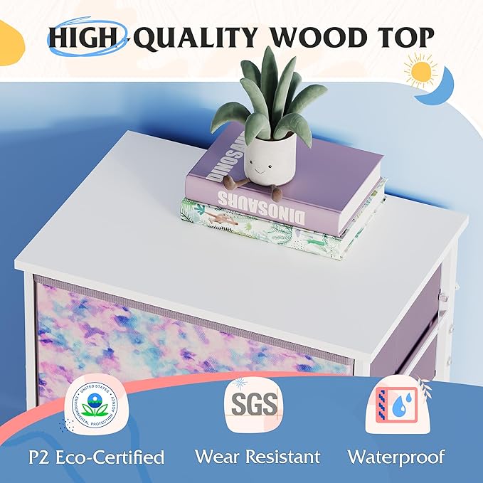 WLIVE Dresser with 4 Drawers, Storage Tower, Organizer Unit, Fabric Dresser for Bedroom, Hallway, Entryway, Closets, Sturdy Steel Frame, Wood Top, Easy Pull Handle, Tie-dye Print (Pink, Purple, Blue)