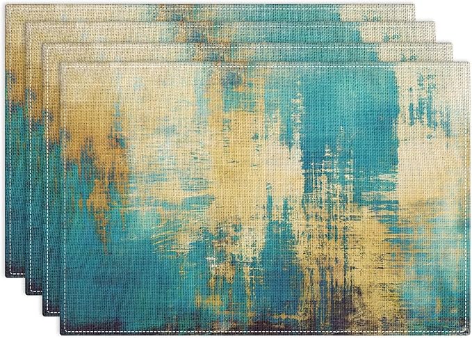 Emvency Farmhouse Placemats Set of 4, Abstract Turquoise and Yellow Vintage Art Painting 12x18 Inch Table Mats for Outdoor Home Party Kitchen Dining Decoration