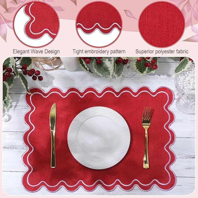 Linen Placemats Set of 12 Scalloped Placemat 13 X19 Wavy Embroidery Double Layered Washable Farmhouse Dinner Fabric Table Mat Napkin for Wedding Party Christmas Hotel Restaurant(Red)