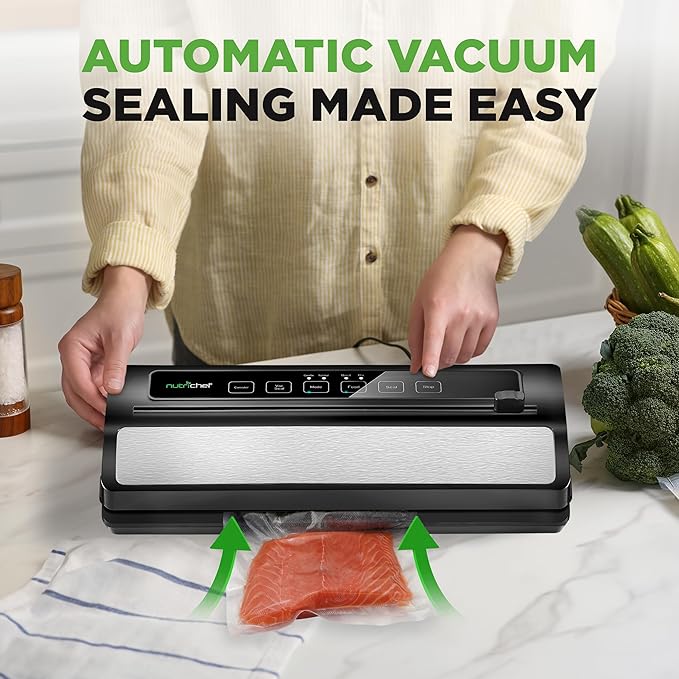 NutriChef Vacuum Sealer for Food - Automatic Electric Air Sealing Preserver System with Gentle and Normal Modes, Roll Cutter, Reusable Bags, Meal Prep Storage, Suitable for Dry/Moist Foods